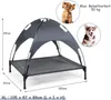 A dog bed with a canopy, shown with dimensions and images of dogs. Produktbild-Vorschau