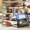 A close-up view of a meat grinder with various features highlighted by text overlays and graphics. Produktbild-Vorschau