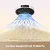 A robot vacuum cleaner is shown from above, with a graphic illustrating its suction power. Produktbild-Vorschau