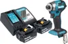 A cordless impact driver set with two batteries and a charger, displayed on a white background. Voir les images du produit