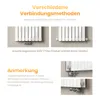 Illustrations showing different connection methods for a radiator, with accompanying text explaining the connection thread and a note about mounting direction. Produktbild-Vorschau