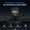 Close-up of an e-bike's LCD display and handlebars, with feature icons at the bottom. Voir les images du produit