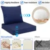 A dark blue outdoor cushion set for rattan furniture, with text and diagrams highlighting its features. Produktbild-Vorschau