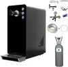 A black Tafelwasserzapfanlage (sparkling water dispenser) with various accessories and a CO2 cylinder arranged around it on a white background. Produktbild-Vorschau