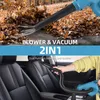 A split image showing a leaf blower in action outdoors and a person using a vacuum attachment inside a car. Podgląd zdjęcia produktu