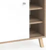 A close-up view of a white cabinet with wooden shelves and legs. Produktbild-Vorschau