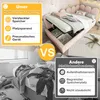 A split image comparing a bed with hydraulic storage to a messy bed, with text highlighting the benefits of the storage. Produktbild-Vorschau