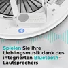 Close-up of a white ceiling fan with an integrated Bluetooth speaker and text overlay advertising music playback. Produktbild-Vorschau