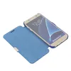 A blue flip cover case is open, revealing a gold smartphone inside. The smartphone screen displays the time and the text 'Galaxy S7'. Produktbild-Vorschau
