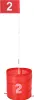 A red golf flag with the number 2 on it, attached to a white pole, which is inserted into a red collapsible bucket also marked with the number 2. Náhled obrázku produktu