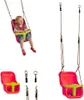 A collage of images showing a baby in a swing, a separate swing seat, and various attachment hardware. Produktbild-Vorschau