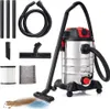 A wet/dry vacuum cleaner and its accessories are displayed against a white background, with some dirt and water effects shown at the nozzle. Náhľad obrázku produktu