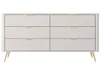 A front view of a beige dresser with six drawers and gold handles, standing on gold legs. Produktbild-Vorschau