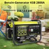 A yellow and gray gasoline generator is placed on a grassy area in front of a house with potted plants and boots. Podgląd zdjęcia produktu