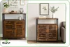 A collage of two images showing a dark brown wooden cabinet with black metal legs and frame, decorated with items. Produktbild-Vorschau