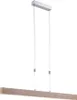 A modern LED pendant light with a wooden beam and silver accents, suspended by thin wires against a white background. Produktbild-Vorschau