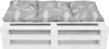A white wooden pallet bench with three gray cushions featuring a white feather pattern. Produktbild-Vorschau