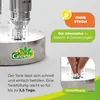 Close-up of a stainless steel heater with marketing text and graphics. Produktbild-Vorschau