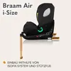 A black car seat with orange support legs and text overlays. Produktbild-Vorschau