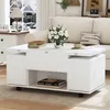 A white multifunctional coffee table with hidden storage and stools, set in a living room with a winter view through the window. Anteprima dell’immagine prodotto