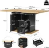 A diagram of a black extendable dining table with storage, showing dimensions and features. Náhled obrázku produktu