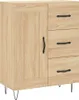 A close-up view of a wooden highboard with drawers and a cabinet door, resting on thin black legs. Podgląd zdjęcia produktu