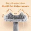 A close-up of a cat tree's top platform, shaped like cat ears, with text overlay. Produktbild-Vorschau