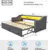 A diagram showing the dimensions of a sofa bed with integrated LED lighting and storage. It also includes icons for weight capacity, included tools, and assembly time. Voir les images du produit