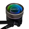 A close-up shot of a Lian Li Galahad Trinity 360 AIO CPU cooler pump unit. Náhled obrázku produktu