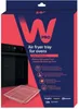 The image shows the retail packaging for an air fryer tray for ovens. The packaging is predominantly dark blue with red accents. A graphic of an oven and a clear air fryer tray are visible. Voir les images du produit