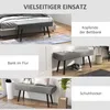 A collage of images showing a gray upholstered bench in different settings: at the foot of a bed, in a hallway, and as a shoe bench. Produktbild-Vorschau