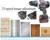 A collage of images showing a cordless drill, close-ups of its torque adjustment settings, and various material textures. Produktbild-Vorschau