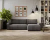 A modern living room with a sectional sofa, bookshelf, and plant.