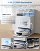A white robotic vacuum cleaner and its charging station are shown, with text overlays and inset images highlighting its features. Produktbild-Vorschau