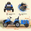 Collage of images showing a blue ride-on tractor with a trailer from different angles, including close-ups of the seat and dimensions. Produktbild-Vorschau