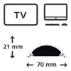 Diagrams showing a TV, a computer monitor with keyboard and mouse, and a cross-section of a cable channel with dimensions. Produktbild-Vorschau