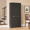 A dark gray tall cabinet with gold hardware is shown in a room with a staircase and a dining chair. The cabinet has multiple doors and a drawer. Náhled obrázku produktu