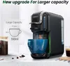 A coffee machine is shown brewing coffee into a blue cup, with text overlays highlighting its features. Produktbild-Vorschau