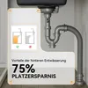 Under-sink plumbing and a diagram illustrating space-saving benefits. Produktbild-Vorschau