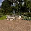 An outdoor seating area with a sectional sofa made of pallets and cushions, a small coffee table, and plants. Produktbild-Vorschau
