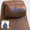 Close-up of a brown leather office chair headrest with a blue arrow graphic indicating adjustability and a white icon showing a hand wiping the surface. Podgląd zdjęcia produktu