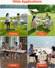 A collage of four images showing a folding table being used in different outdoor and indoor settings: camping, picnic, parties, and beach. Produktbild-Vorschau