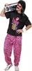 A man wearing an 80s-themed costume, including a black t-shirt with "I love 80's" graphic and pink tiger-striped pants, holding a boombox over his shoulder. Produktbild-Vorschau
