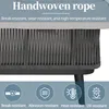A close-up of a handwoven rope sofa with text describing its features and icons representing its durability. Podgląd zdjęcia produktu