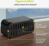 A black cable management box with features highlighted by green circles and text. Produktbild-Vorschau