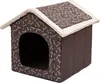 A brown dog house with a bone pattern and cream trim, shown from the front-left. Produktbild-Vorschau