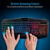 Hands interacting with a colorful, illuminated gaming keyboard against a dark blue background. Produktbild-Vorschau