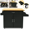 A collage of images showing a black kitchen cart with a wooden top, including close-ups of its features and its use in a kitchen setting. Voir les images du produit
