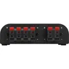 A close-up, front-facing view of a black speaker switch with red and black connectors. Produktbild-Vorschau