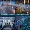 A collage of four images showing white LED string lights used for various festive decorations, both indoors and outdoors. Produktbild-Vorschau